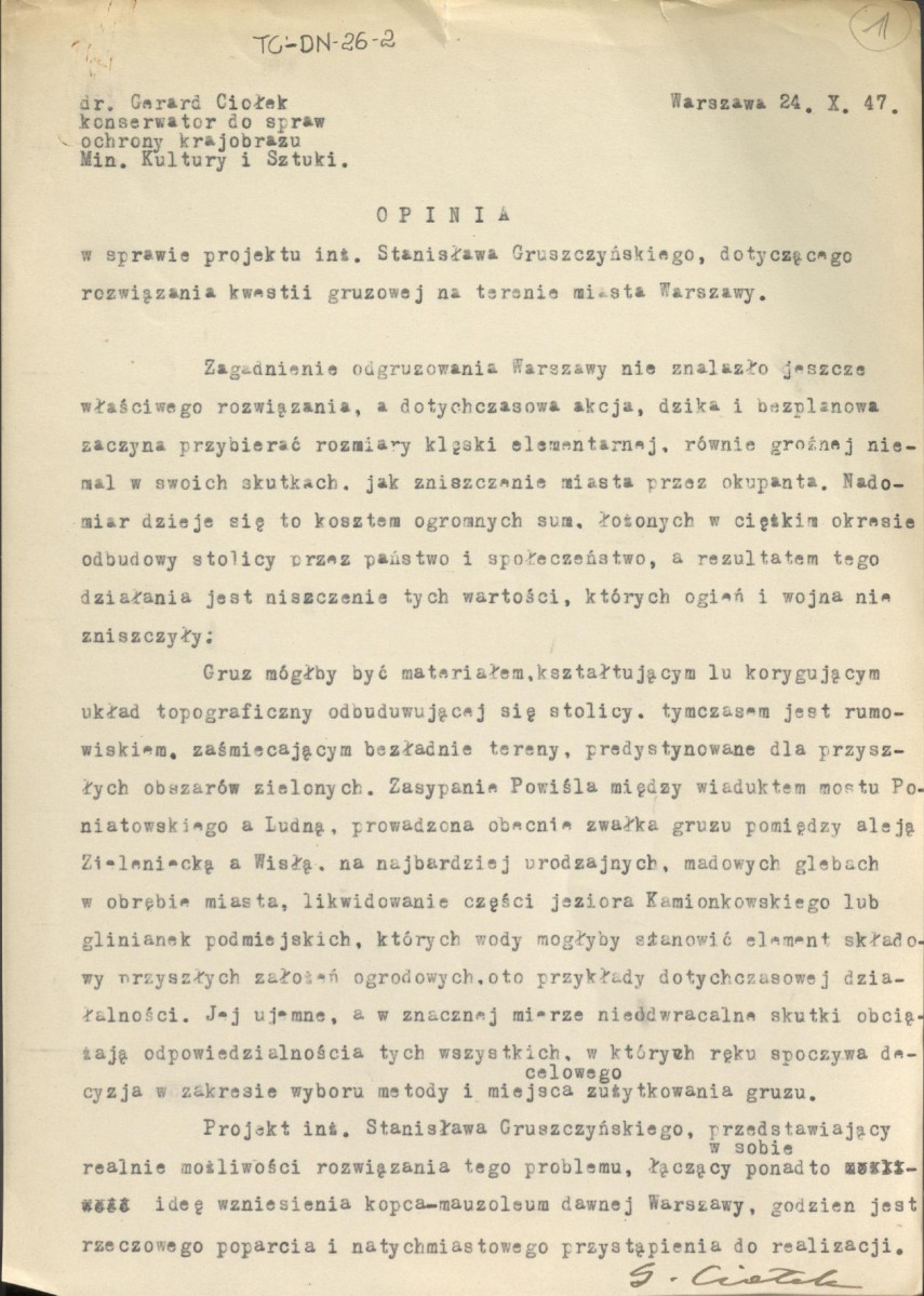Opinia z dnia 24 października 1947 r. w sprawie projektu inż. Stanisława Gruszczyńskiego dotyczącego kwestii gruzowej na terenie miasta Warszawy, skan 1