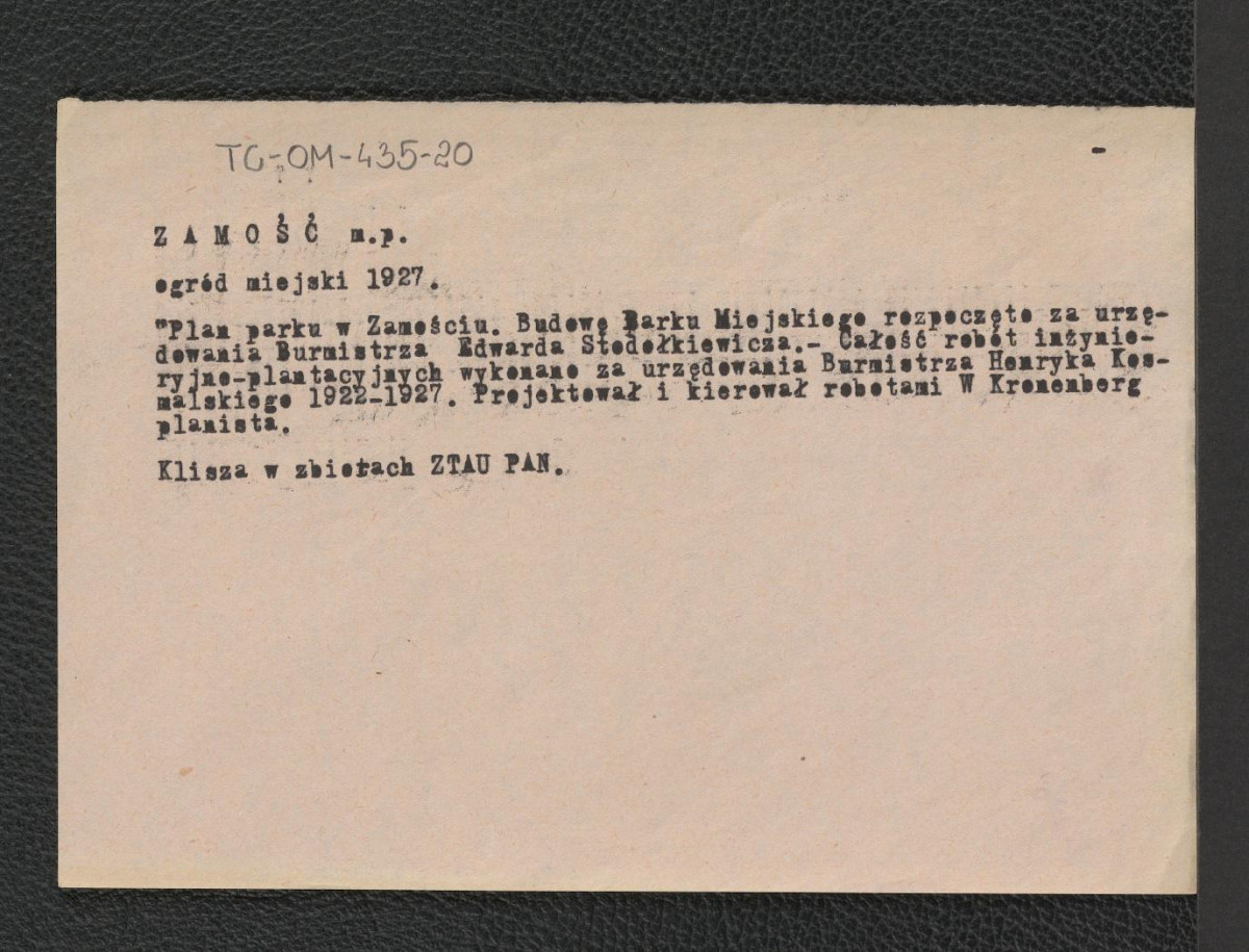 opis planu miejscowego parku miejskiego z roku 1927, skan 1