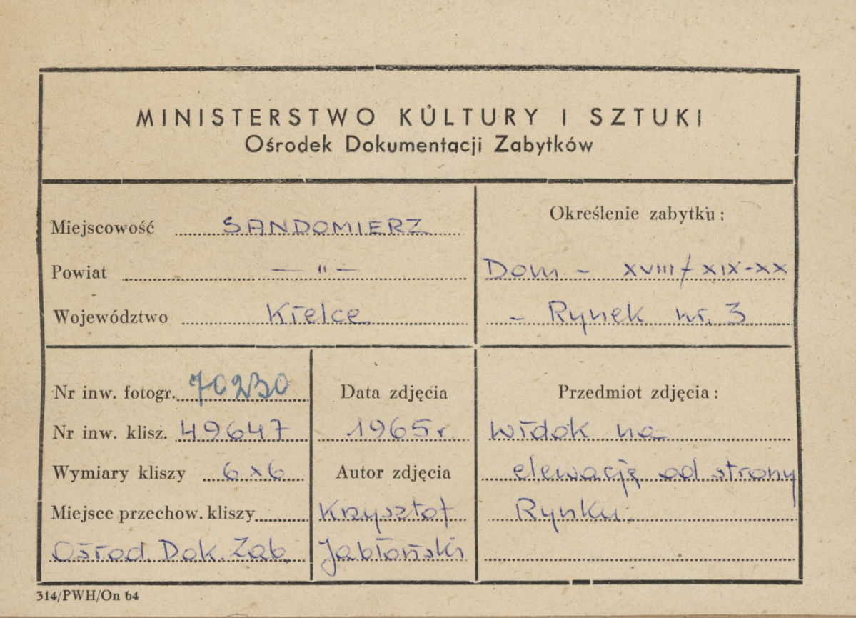 Rynek - kamienica nr 3 - elewacja frontowa - metryczka, skan 1