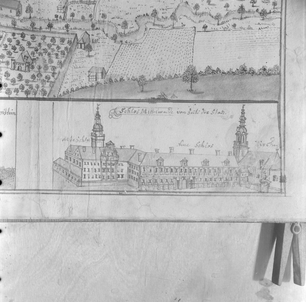 Zamek. Rycina z "Topografii Śląska" autorstwa Friedricha Bernharda Wernera. , skan 1