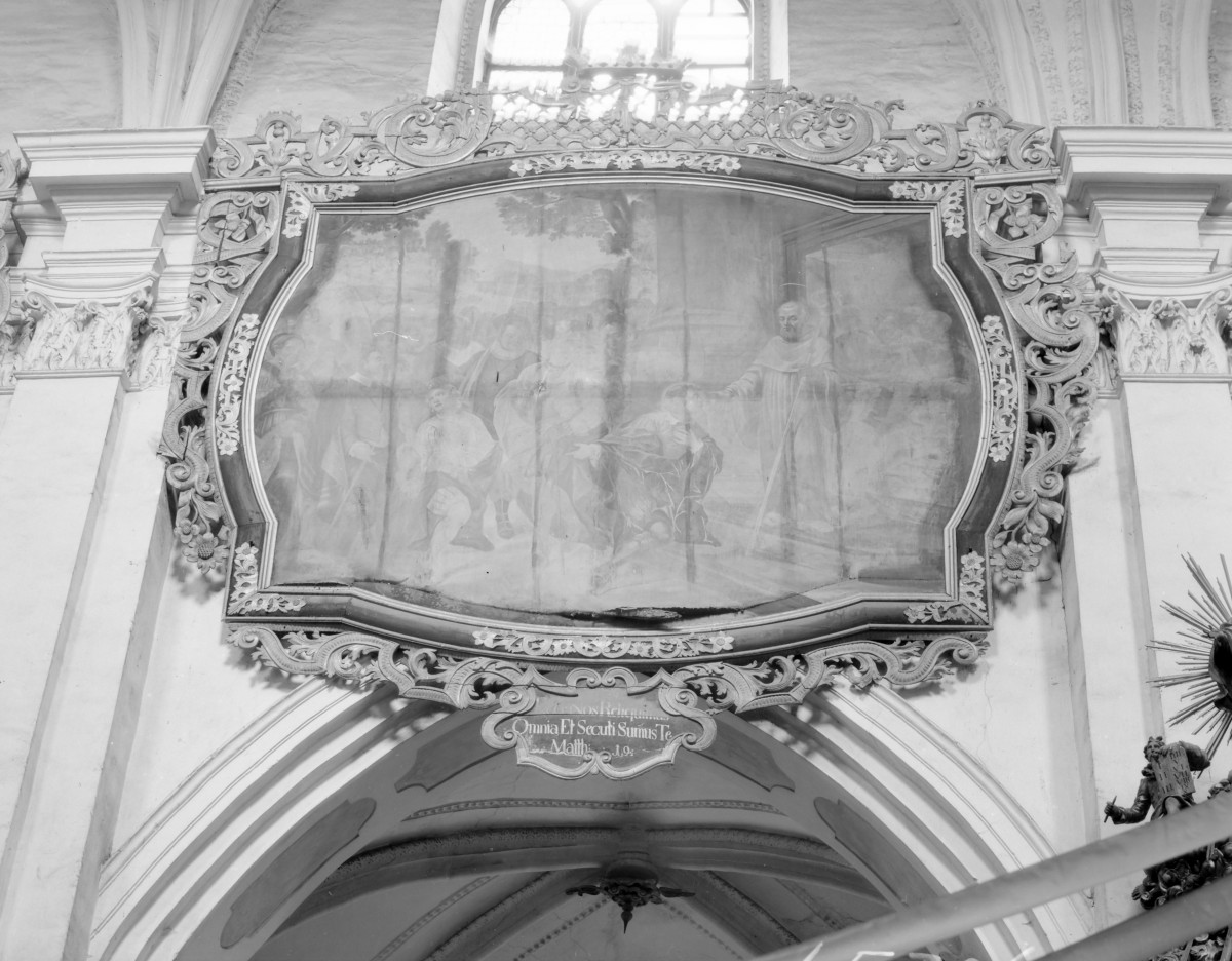 kościół parafialny pw. Wniebowzięcia NMP i Jana Chrzciciela - wnętrze: obraz "Św. Bernard z Clairvaux razem ze swoimi krewnymi wstępuje do klasztoru Cystersów" z 1729 roku, skan 1
