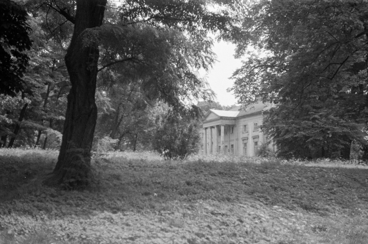 pałac Wodzickich - park krajobrazowy - w tle pałac od strony frontowej, skan 1