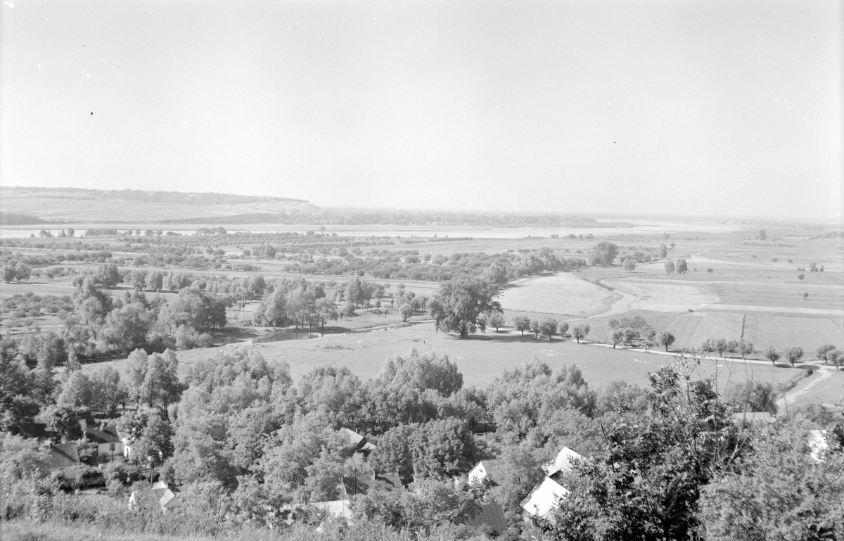 Panorama, widok na zakole Wisły za Kazimierzem Dolnym oraz wioskę Mięćmierz. , skan 1