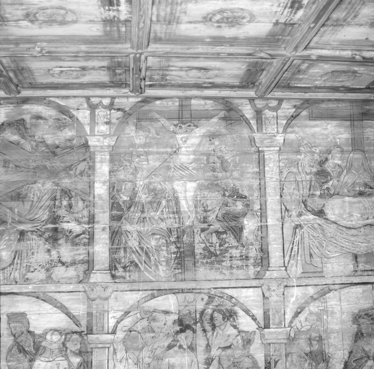 kościół parafialny pw. Matki Boskiej Różańcowej i św. Jana Kantego, 1527 r. - polichromia 1. połowa XVII w., cykl pasyjny - fragment, Ukrzyżowanie, skan 1
