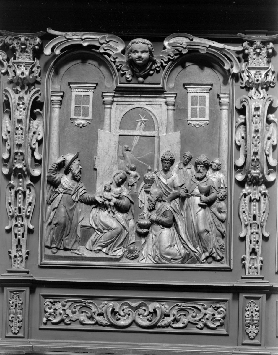 Kościół Mariacki pw. Wniebowzięcia Najświętszej Marii Panny - stalle w prezbiterium (ok. 1635), scena - Pokłon trzech króli -F. Möller, skan 1
