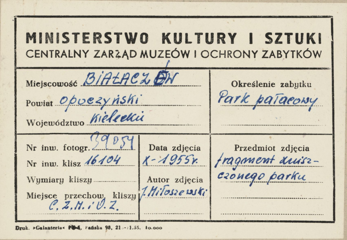 Zespół pałacowo - parkowy,  fragment parku - częściowo zniszczony starodrzew - metryczka, skan 1