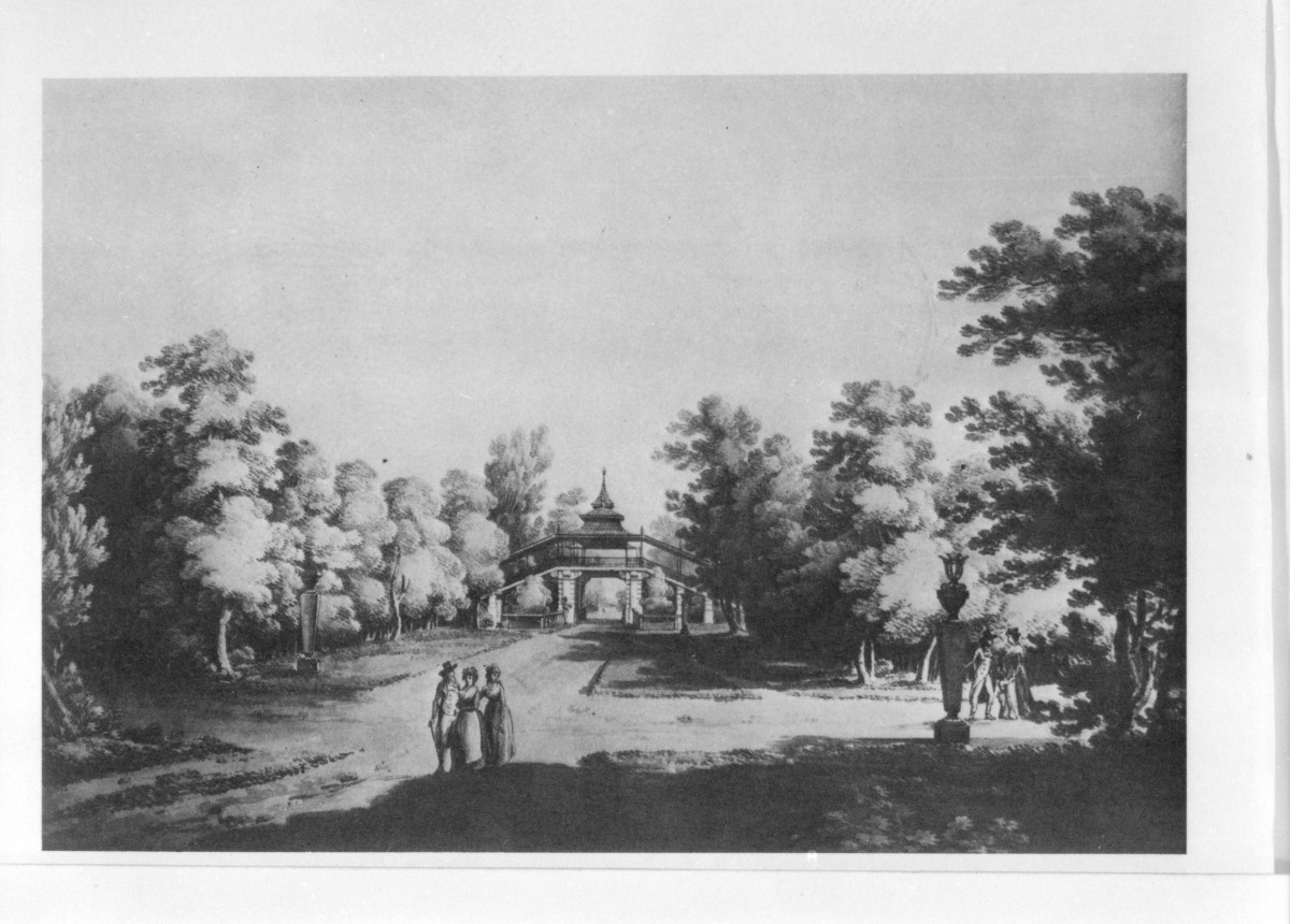 Łazienki Królewskie. Widok Bramy Chińskiej (malowidło Z. Vogel 1795)
Reprodukcja M. Kwiatkowski "Łazienki - Belweder" 1986., skan 1