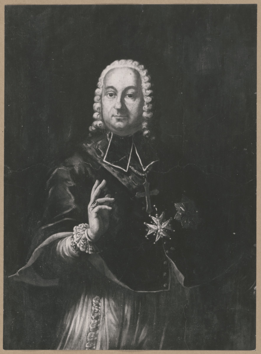 Pałac biskupów - wnętrze, d. sala jadalna, ściana wschodnia, fryz - polichromia, portret bpa Kajetana Sołtyka, skan 1