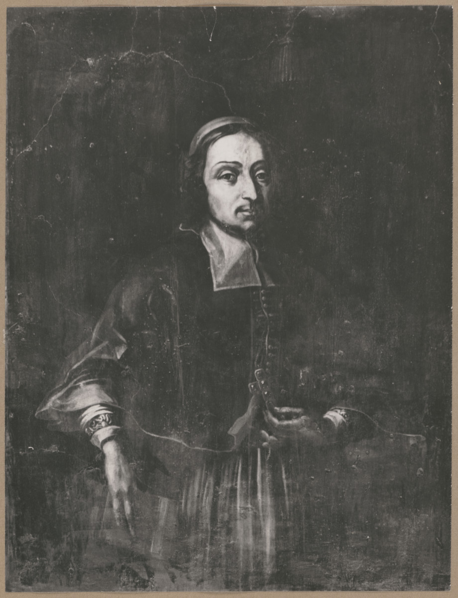 Pałac biskupów - wnętrze, d. sala jadalna, ściana północna, fryz - polichromia, portret bpa Stanisława Dąmbskiego, skan 1