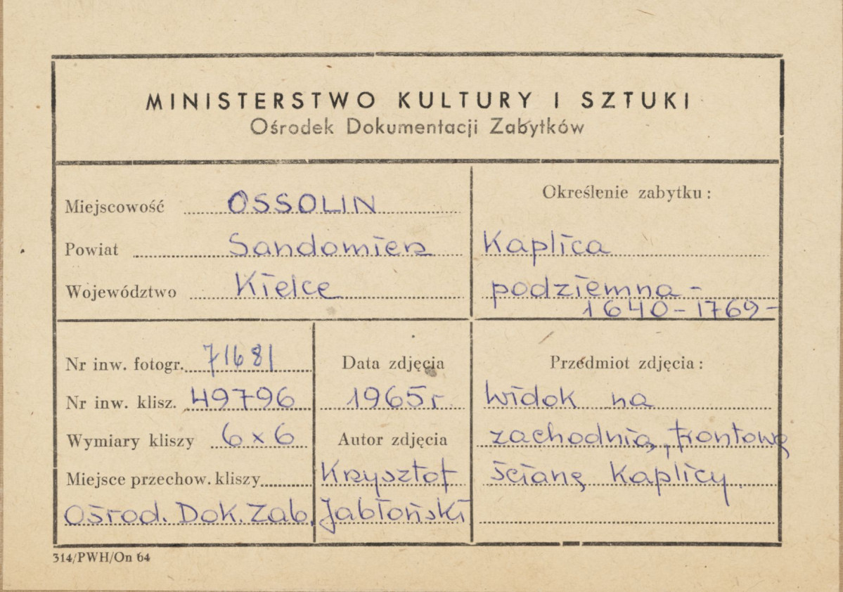 Kaplica podziemna zw. Betlejemską - widok elewacji frontowej - metryczka, skan 1