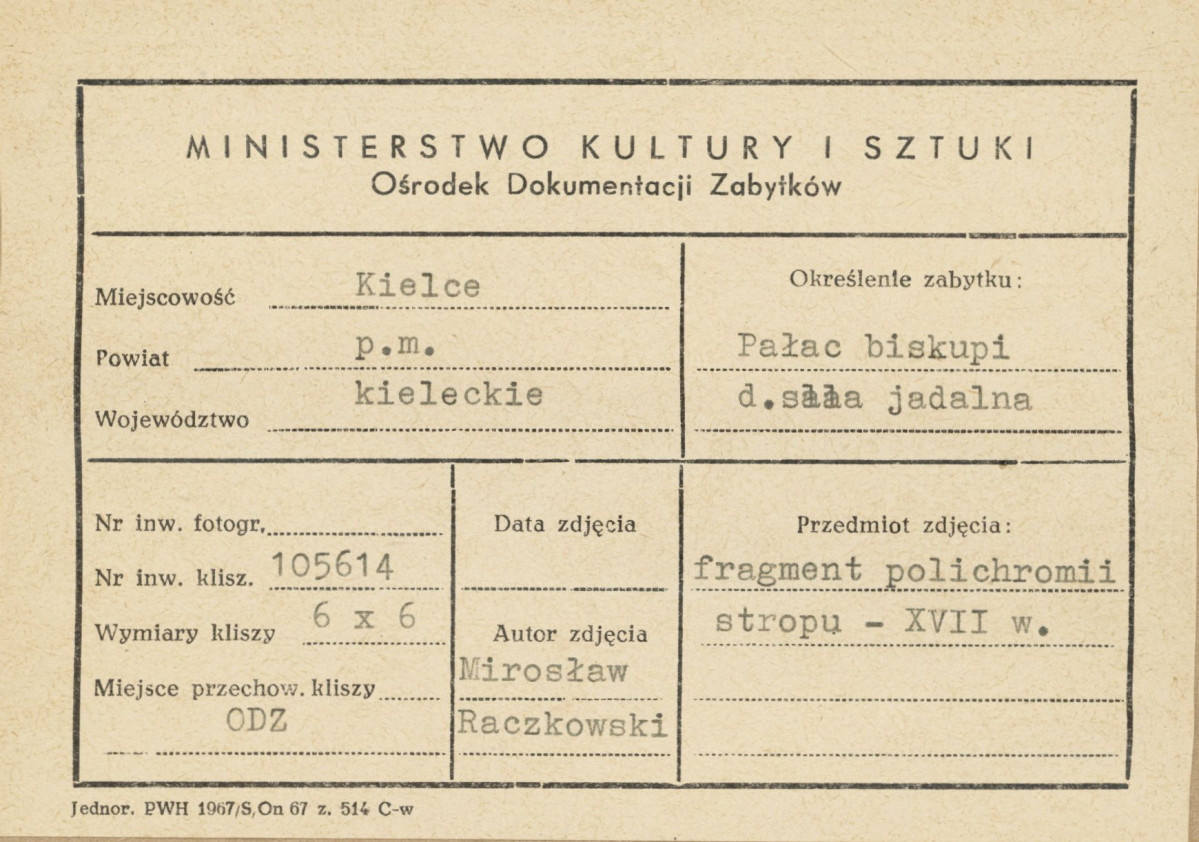 Pałac biskupów - wnętrze, d. sala jadalna, fragment polichromii stropu - metryczka, skan 1