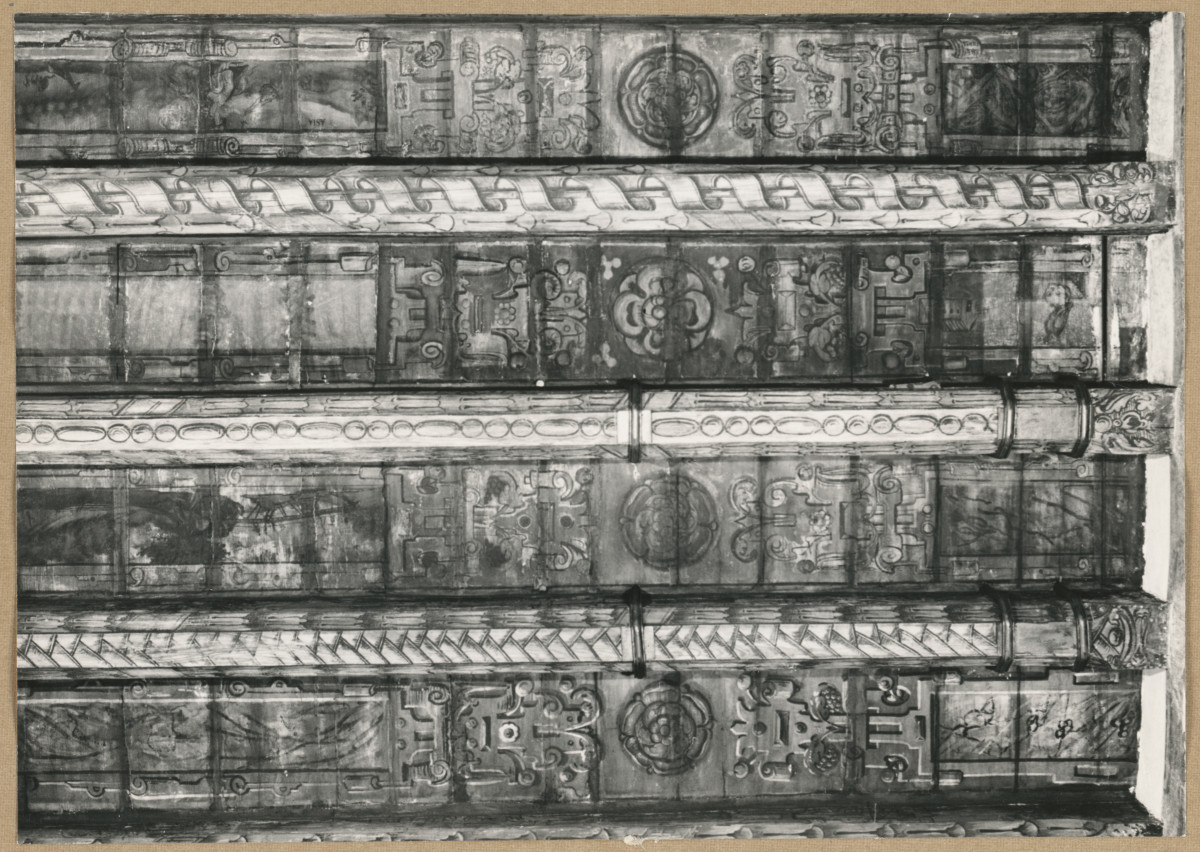 Pałac biskupów - wnętrze, d. sala jadalna, fragment polichromii stropu , skan 1