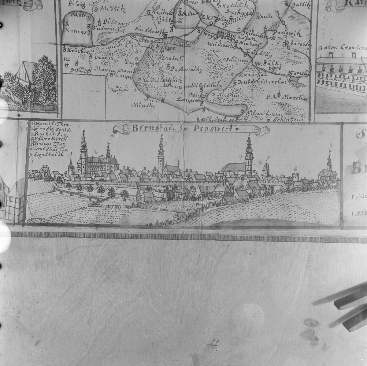Panorama miasta. Rycina z "Topografii Śląska" autorstwa Friedricha Bernharda Wernera. , skan 1