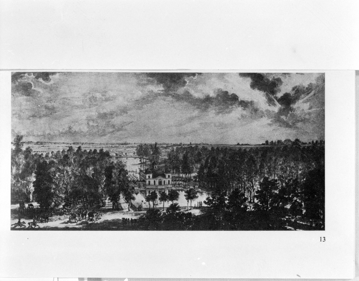 "Łazienki Lubomirskiego". Akwarela F.A. Lohrmana z 1777 roku (widok od pn.-wsch.). Źródłem reprodukcji z M. Kwiatkowski "Łazienki - Belweder" 1986  , skan 1