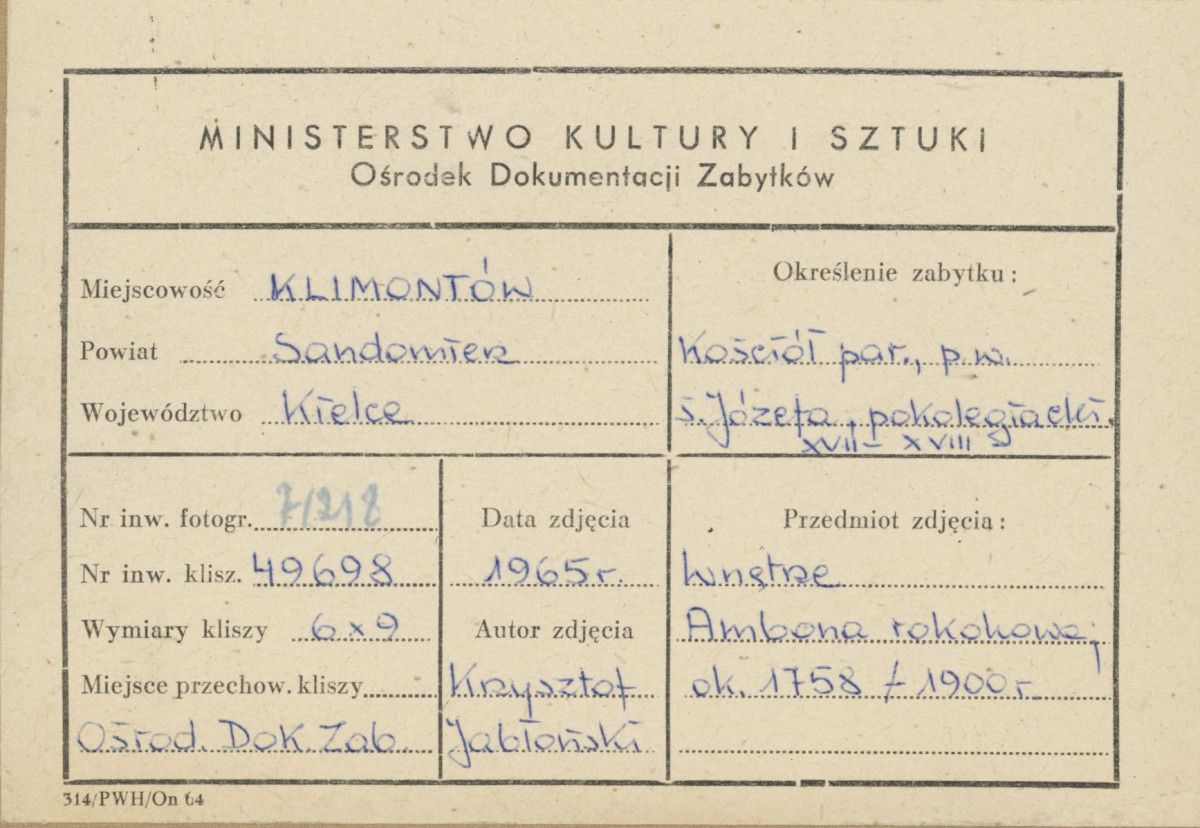 Kościół parafialny - wnętrze, widok na ambonę - metryczka, skan 1
