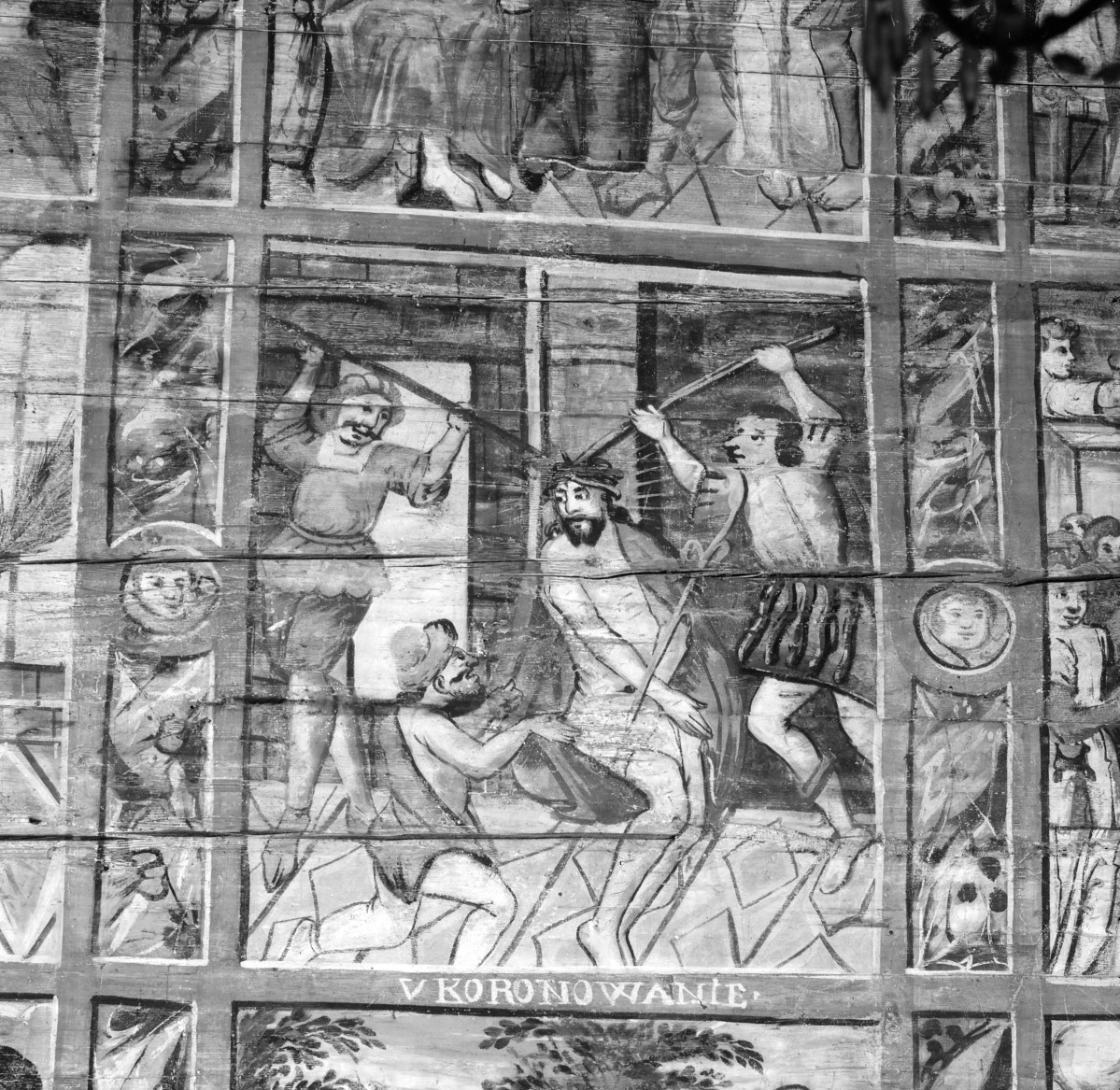 kościół pw. św. Michała Archanioła - nawa główna - ściana północna - fragment polichromii - cykl pasyjny - Ukoronowanie cierniem, skan 1