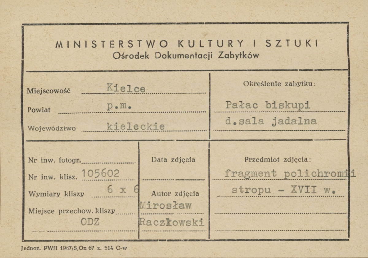 Pałac biskupów - wnętrze, d. sala jadalna, fragment polichromii stropu - metryczka, skan 1