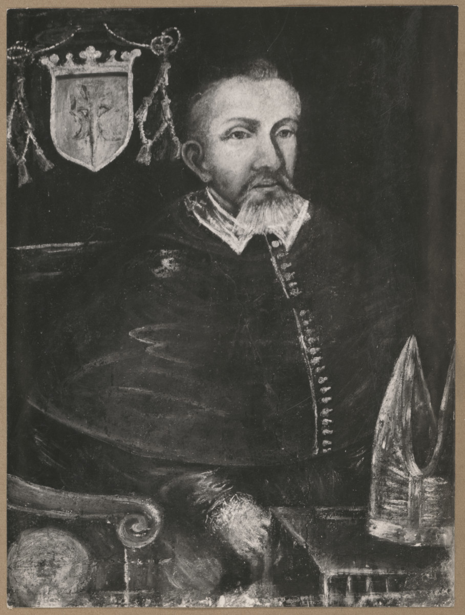 Pałac biskupów - wnętrze, d. sala jadalna, ściana południowa, fryz - polichromia, portret bpa Marcina Szyszkowskiego,, skan 1