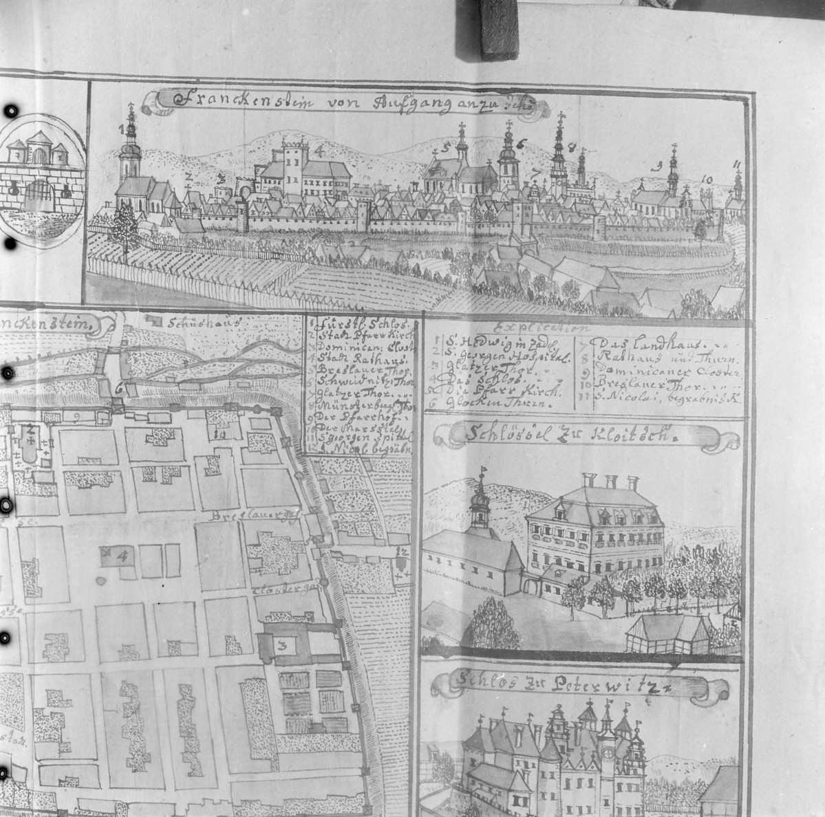 Panorama miasta. Rycina z "Topografii Śląska" autorstwa Friedricha Bernharda Wernera. , skan 1