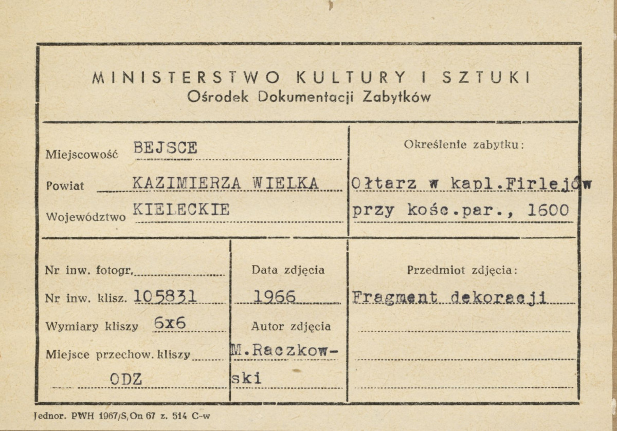 Kaplica Firlejów - ołtarz - fragment dekoracji - metryczka, skan 1