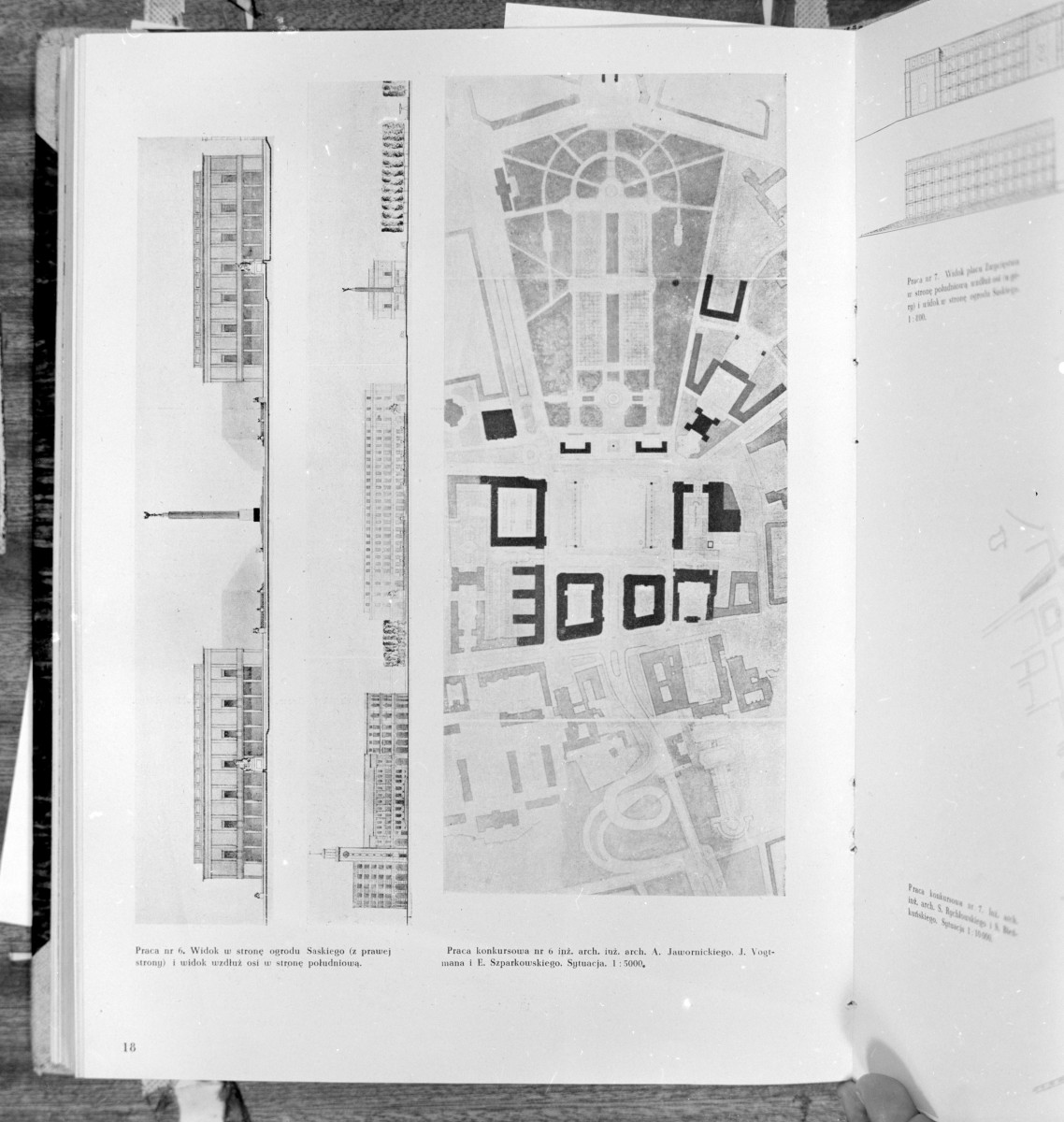 Praca konkursowa nr. 6 inż. arch. A. Jawornickiego i J. Vogtmana oraz E. Szparkowskiego. Ogród Saski. źródło "Architektura" 8/9 1948 rok., skan 1
