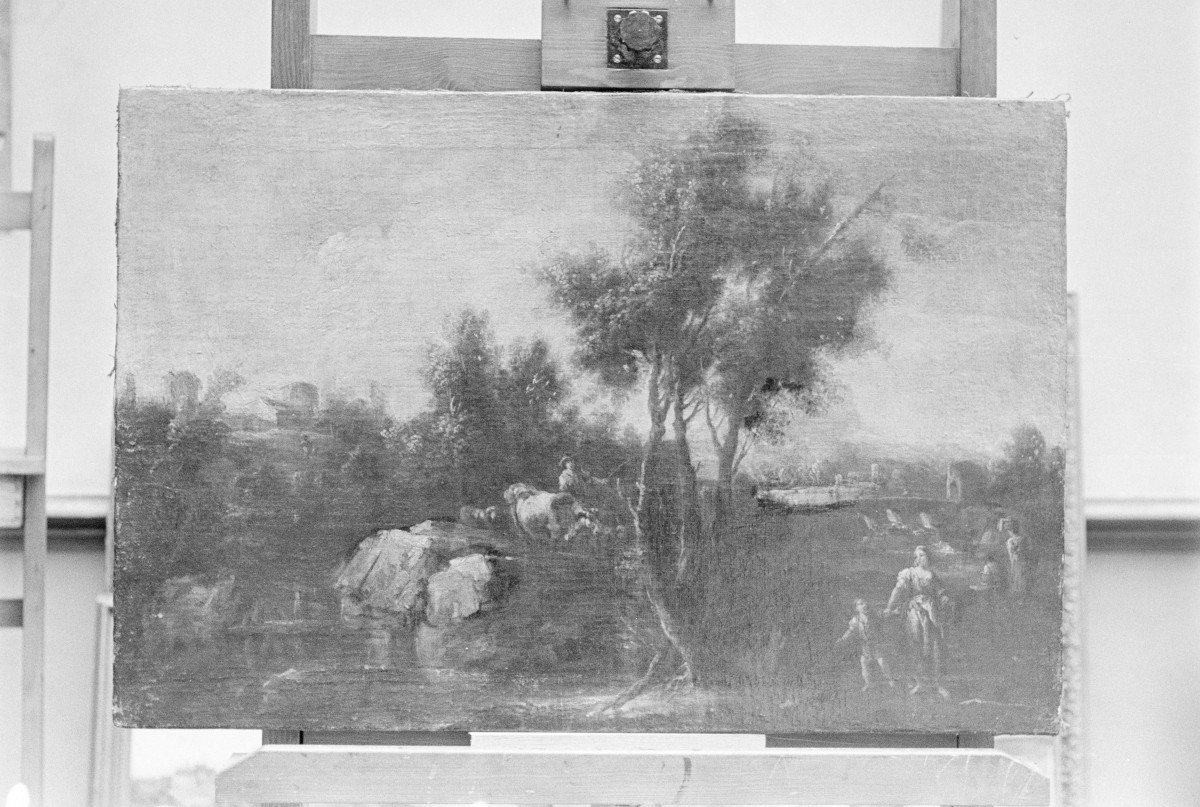 szkoła włoska XVIII w. - pejzaż ze sceną rodzajową, olej na płótnie, Muzeum Pomorskie w Gdańsku (ob. Muzeum Narodowe w Gdańsku), skan 1