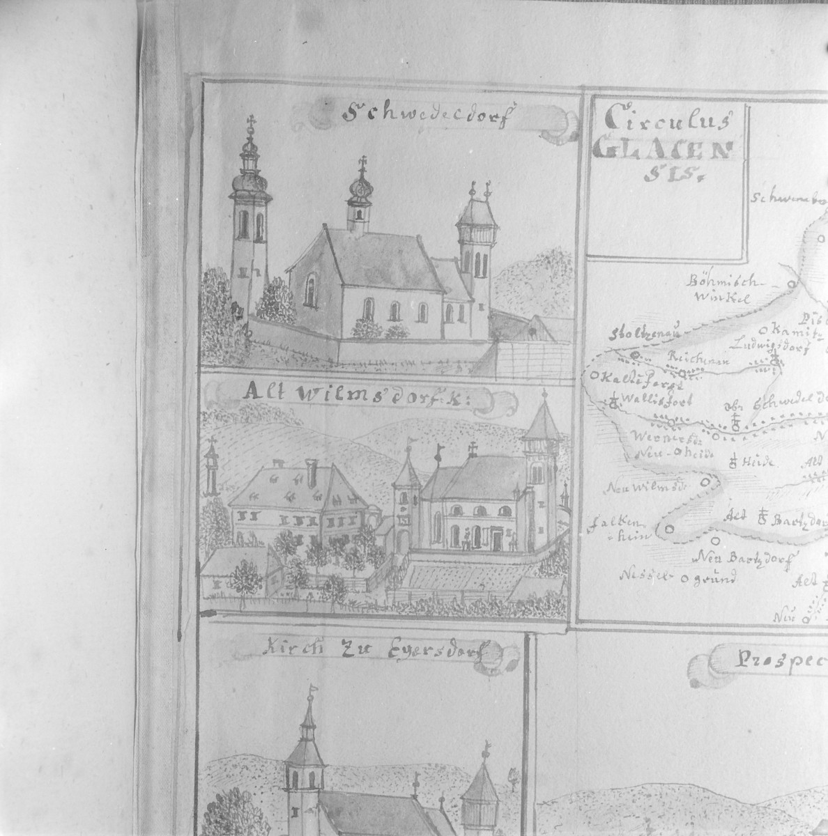 Kościół parafialny. Rycina z "Topografii Śląska" autorstwa Friedricha Bernharda Wernera. , skan 1