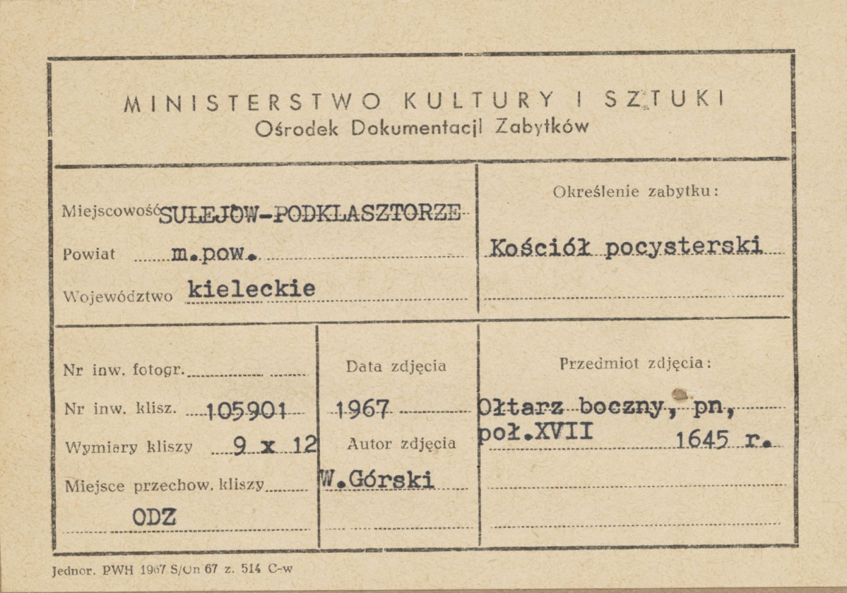 Zespół opactwa cystersów - wnętrze kościoła, ołtarz boczny płn. z Matką Boską - zamknięty - metryczka, skan 1