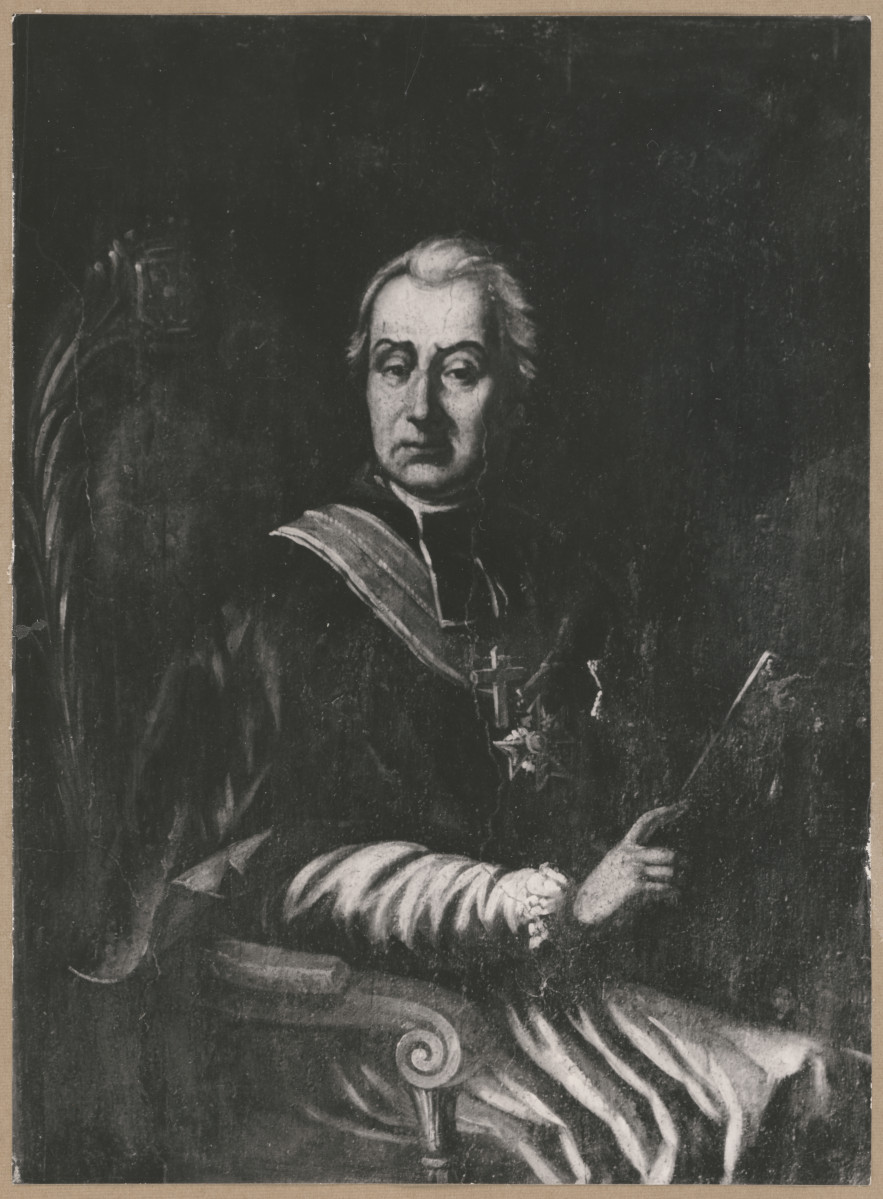 Pałac biskupów - wnętrze, d. sala jadalna, ściana wschodnia, fryz - polichromia, portret nieznanego biskupa, skan 1