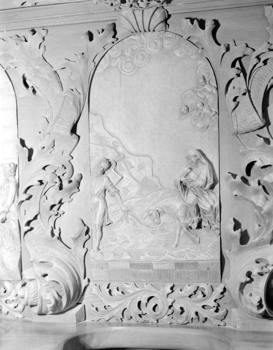 kościół parafialny pw. Wniebowzięcia NMP i Jana Chrzciciela - stalle, płaskorzeźba "Ucieczka do Egiptu", skan 1