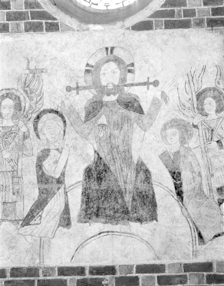 kościół pw. św. Mikołaja - wnętrze - prezbiterium - ściana wschodnia - fragment polichromii z Chrystusem jako Sędzią, skan 1