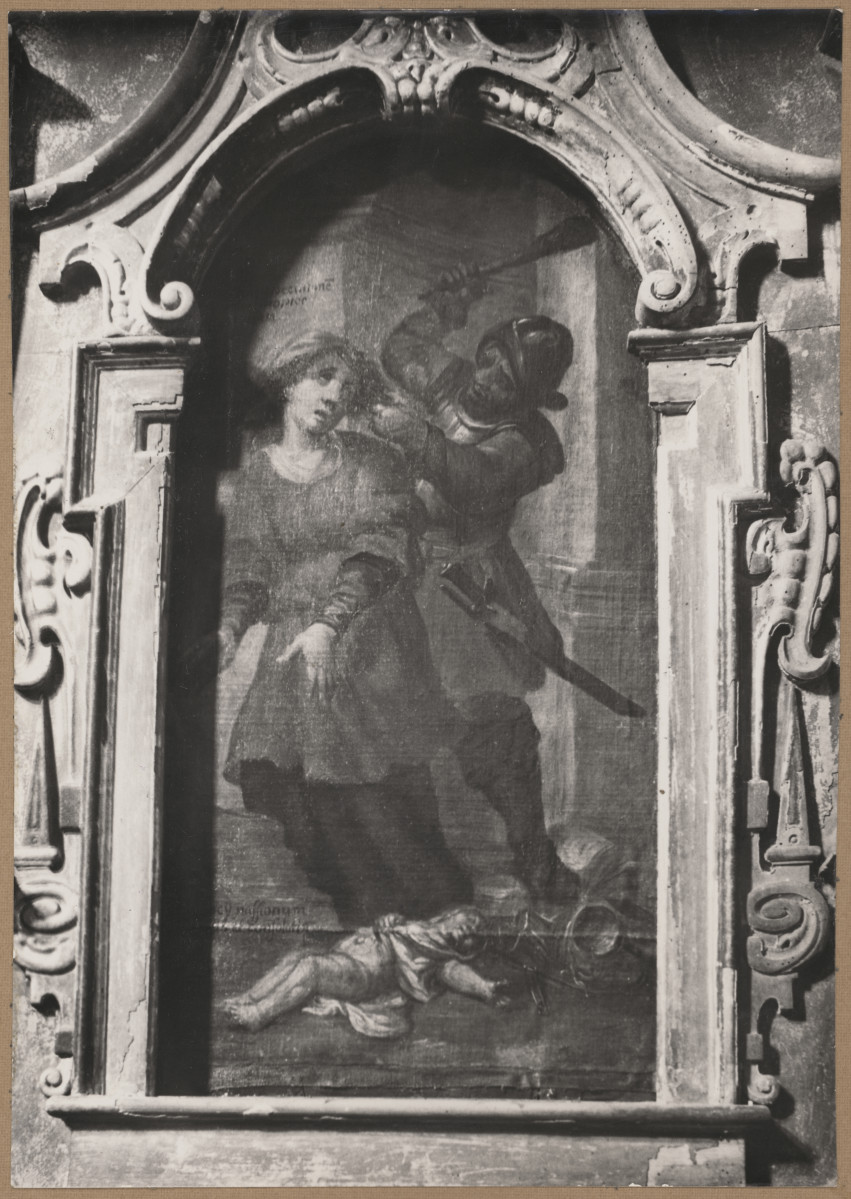 Kościół parafialny pw. św. Pawła - wnętrze, fragment stali, obraz na płycinie zaplecka, skan 1