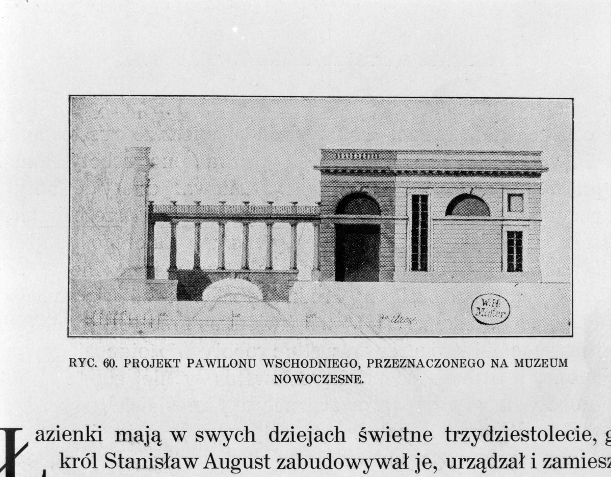 Łazienki Królewskie. Pałac na wodzie - jeden z projektów pawilonu wschodniego.
Reprodukcja z W. Tatarkiewicz "Pięć studiów o Łazienkach St. Augusta" 1925, skan 1