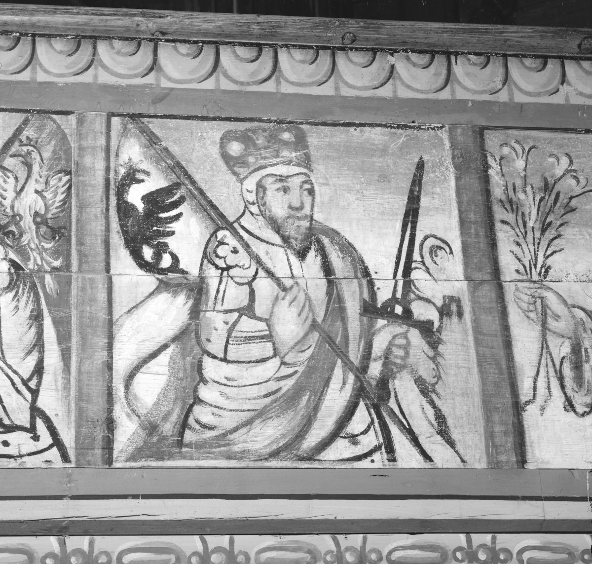 kościół pw. św. Michała Archanioła - nawa główna - parapet chóru - fragment polichromii z św. Kazimierzem, skan 1