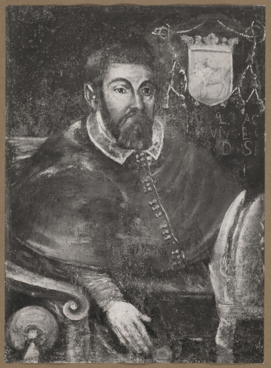 Pałac biskupów - wnętrze, d. sala jadalna, ściana południowa, fryz - polichromia, portret biskupa Samuela Maciejowskiego, skan 1