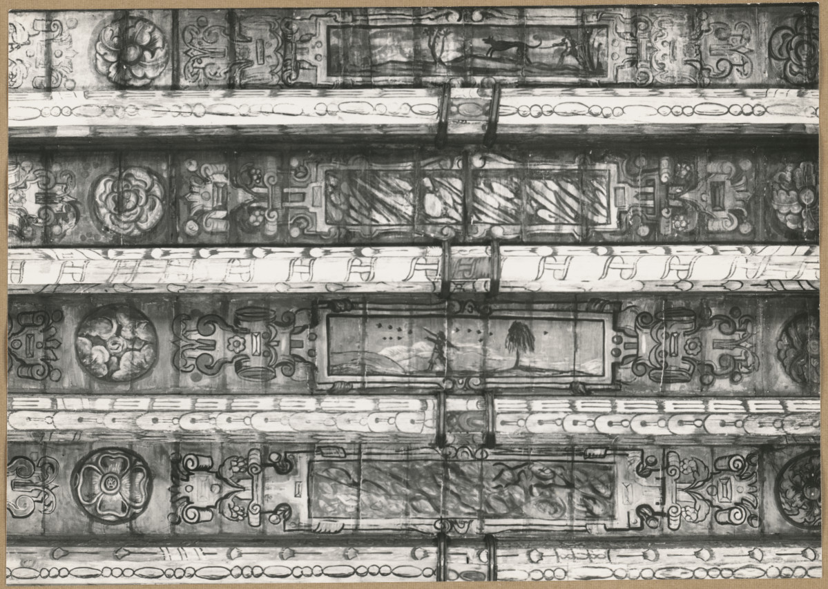 Pałac biskupów - wnętrze, d. sala jadalna, fragment polichromii stropu , skan 1