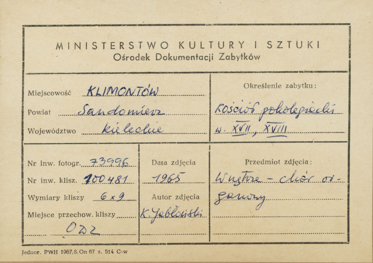 Kościół parafialny - wnętrze, widok nawy w kierunku chóru - metryczka, skan 1
