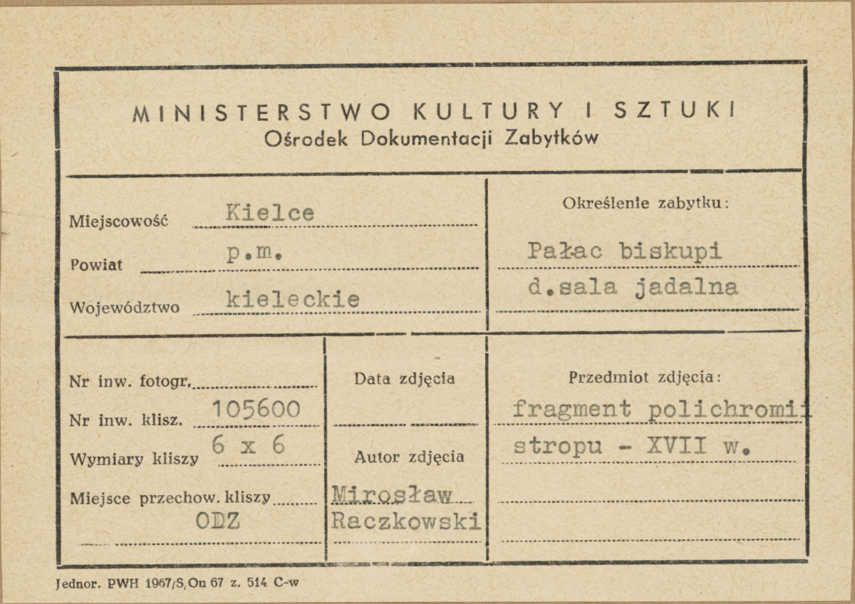 Pałac biskupów - wnętrze, d. sala jadalna, fragment polichromii stropu - metryczka, skan 1