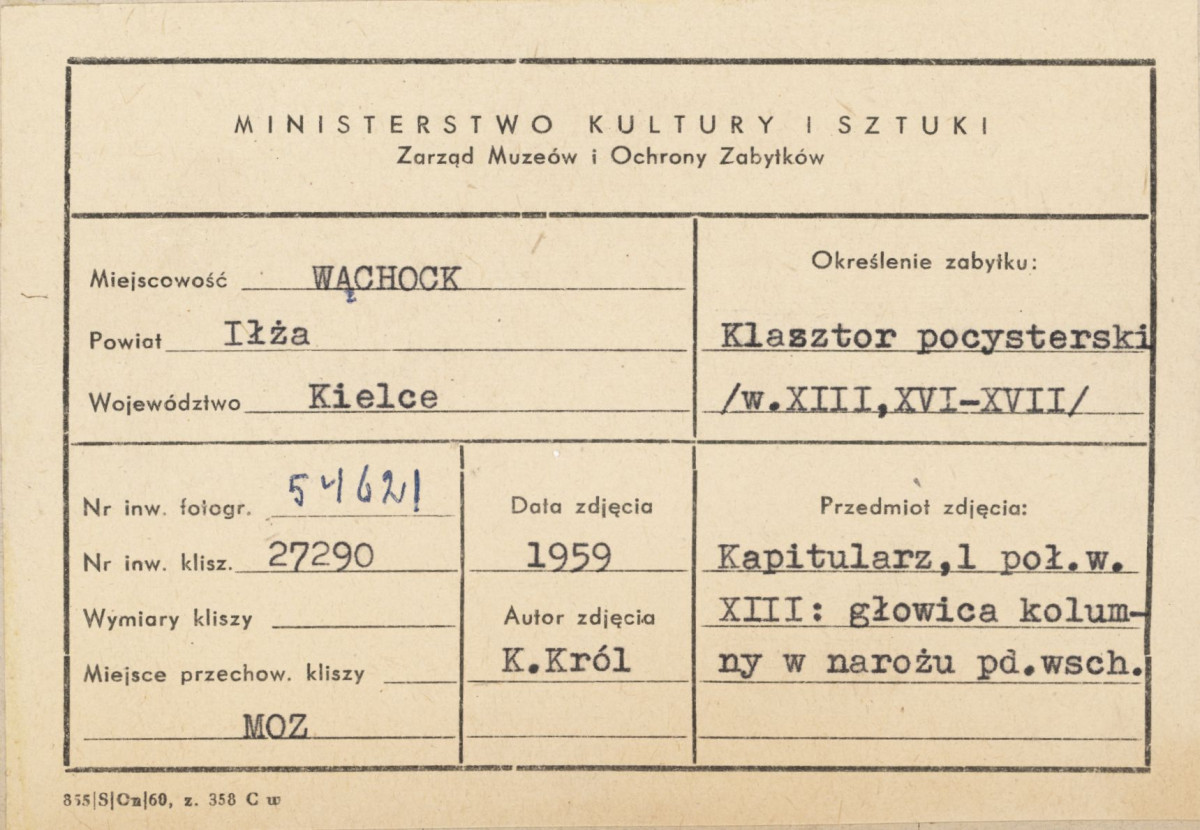 Zespół opactwa Cystersów - klasztor, kapitularz, widok głowicy kolumny - metryczka, skan 1