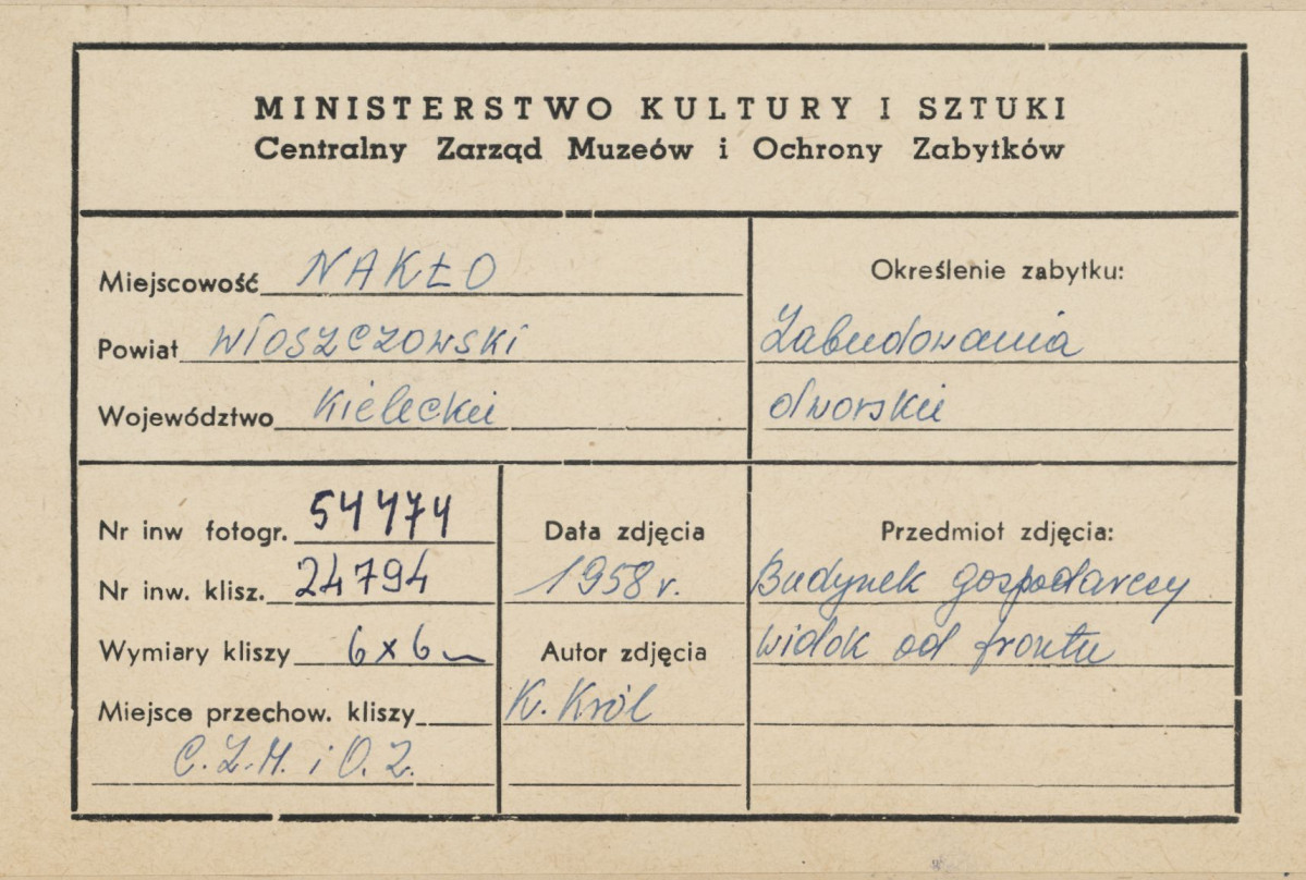 Zespół pałacowo - parkowy , budynek gospodarczy, widok ogólny elewacji frontowej i bocznej - metryczka

, skan 1