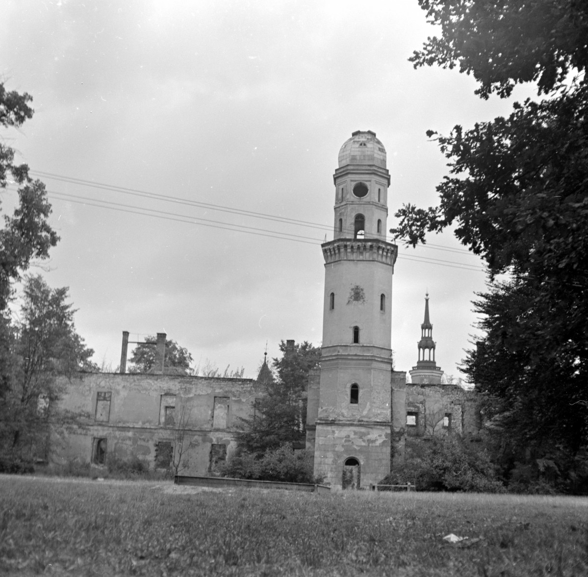 ruiny zamku - elewacja ogrodowa, wieża, skan 1
