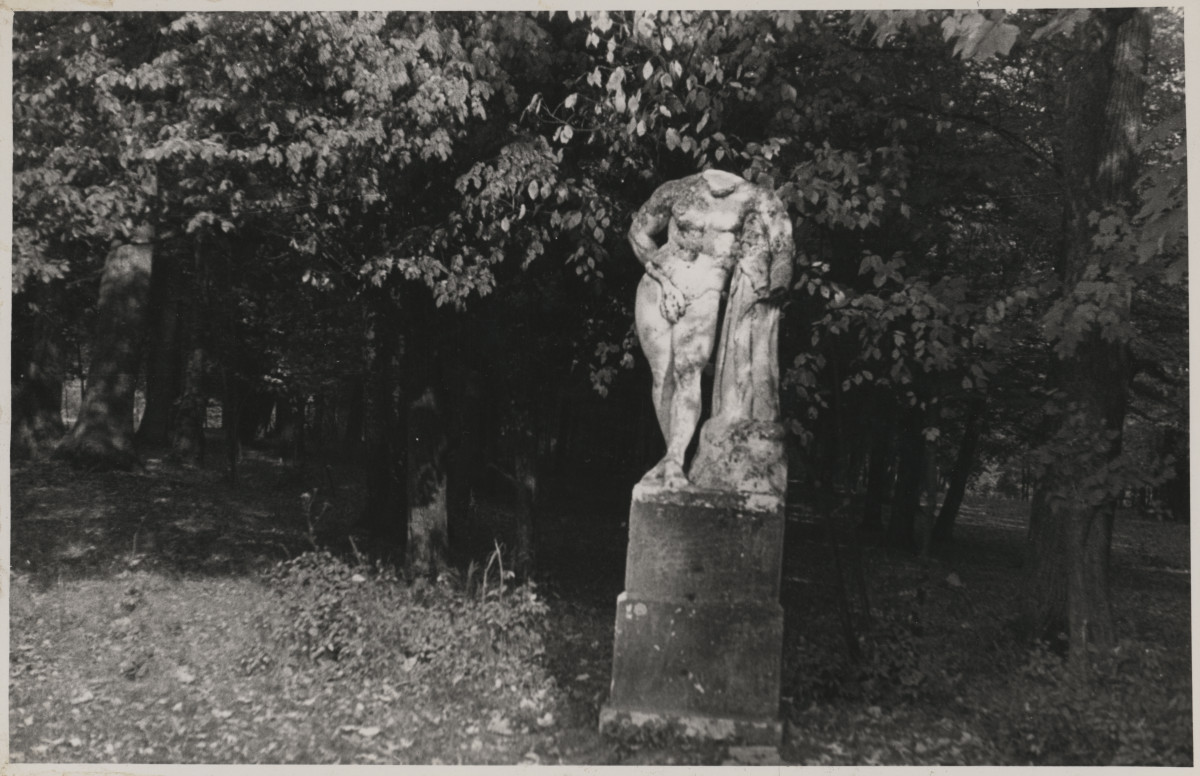 Zespół pałacowo - parkowy,  fragment parku - rzeźba Herkulesa , skan 1