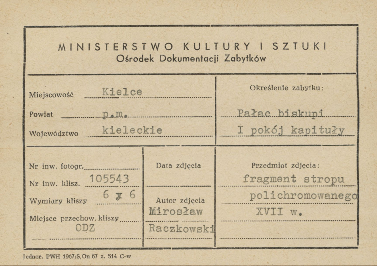 Pałac biskupów - wnętrze , I pokój kapituły,  fragment polichromii stropu - metryczka, skan 1