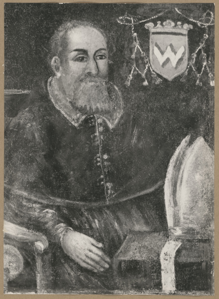 Pałac biskupów - wnętrze, d. sala jadalna, ściana wschodnia, fryz - polichromia, portret bpa Jana Choińskiego, malował Dolabella, , skan 1