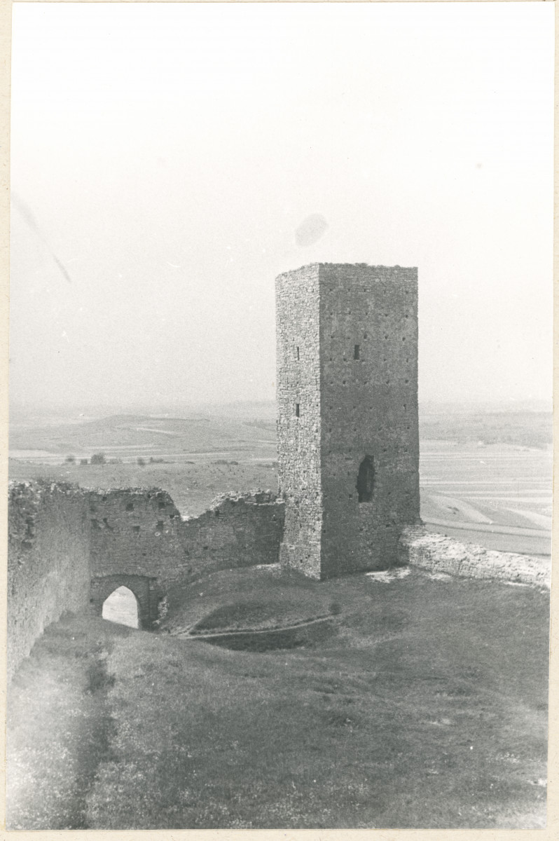 Ruiny zamku -  fragment,  widok na mury i wieżę, skan 1