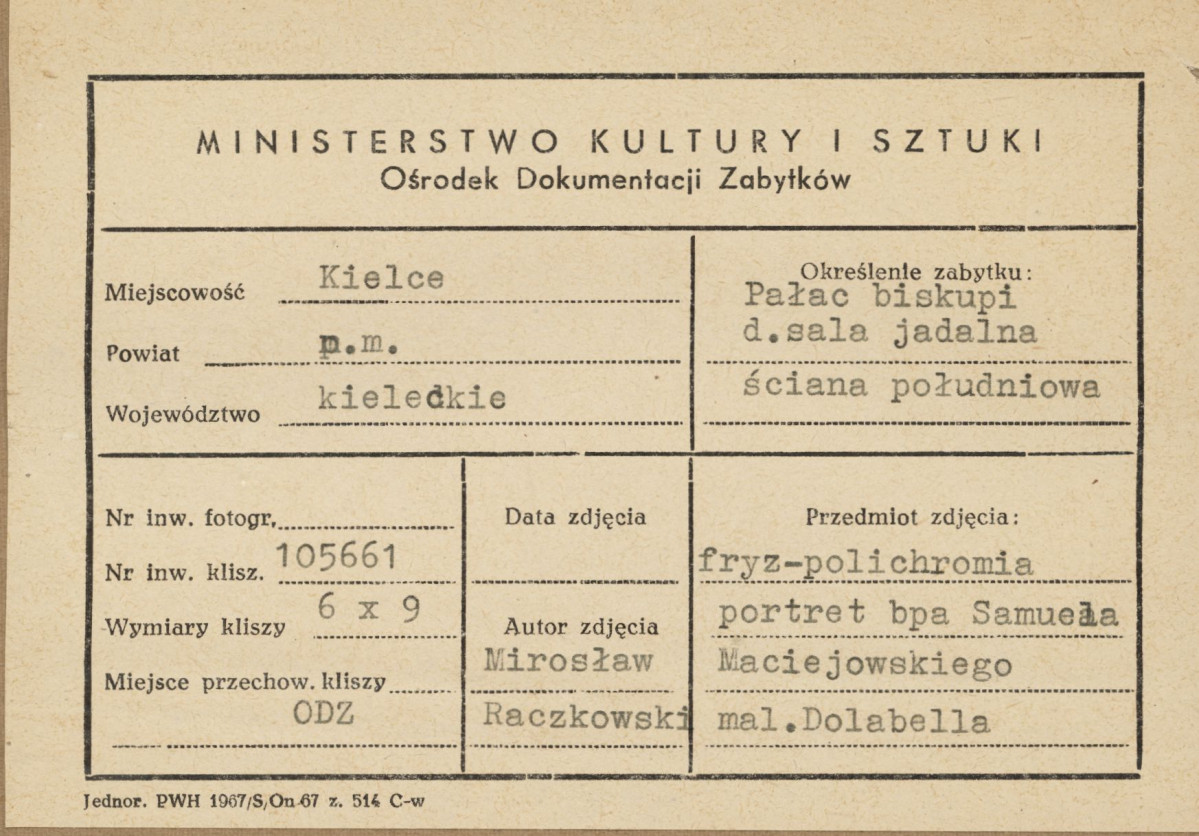 Pałac biskupów - wnętrze, d. sala jadalna, ściana południowa, fryz - polichromia, portret biskupa Samuela Maciejowskiego - metryczka, skan 1