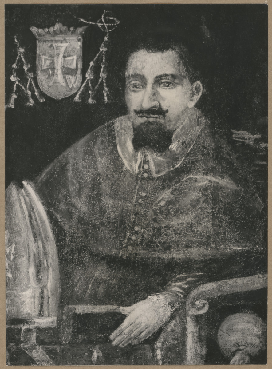 Pałac biskupów - wnętrze, d. sala jadalna, ściana wschodnia, fryz - polichromia, portret bpa Jakuba Sieneńskiego, malował Dolabella, , skan 1