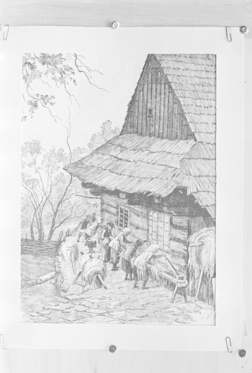Muzeum Etnograficzne w Krakowie, Wałach Jan "Międlenie lnu", drzeworyt 310x220, skan 1