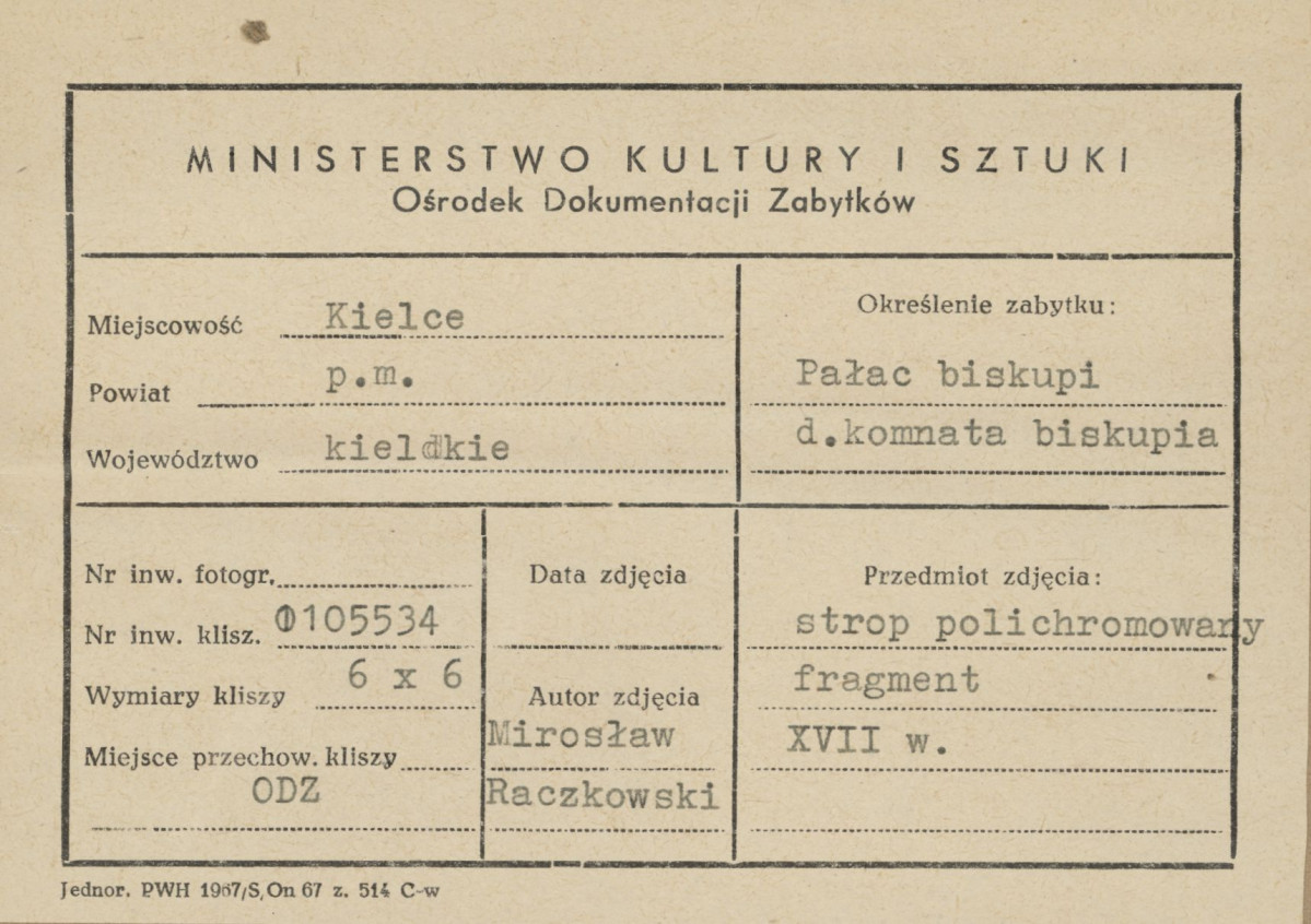 Pałac biskupów - wnętrze, d. komnata biskupia, fragment polichromii stropu - metryczka, skan 1