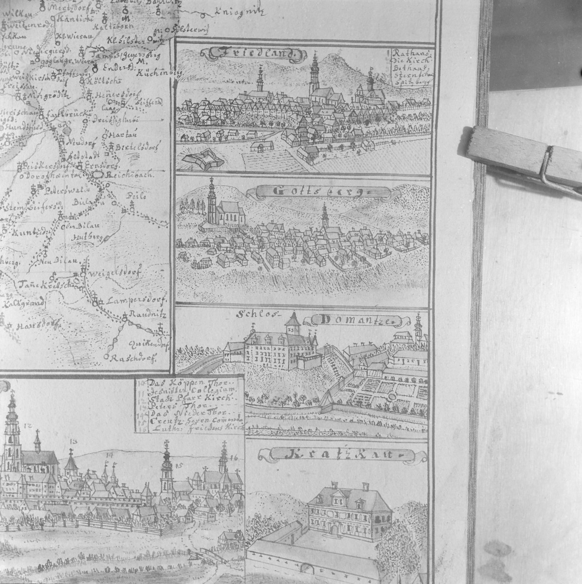 Panorama miasta. Rycina z "Topografii Śląska" autorstwa Friedricha Bernharda Wernera. , skan 1